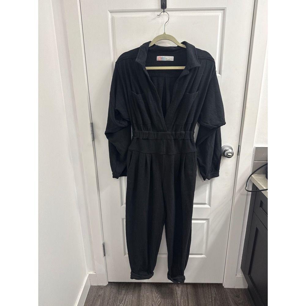 Free People Beach Womens Black Textured Thermal Knit Long Sleeve Jumpsuit XS